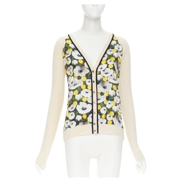 AUTHENTIC LOUIS VUITTON small daisy lemon silk panel beige ribbed wool cardigan